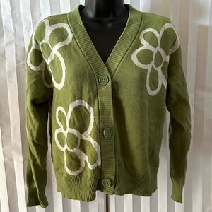 Nikak Green Floral Cardigan Juniors Size Medium Lightweight Knit Sweater Boho